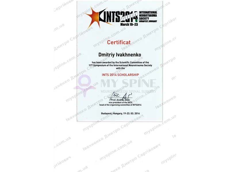 Сертифікат стипендії Міжнародного товариства нейротравми, 2014 рік